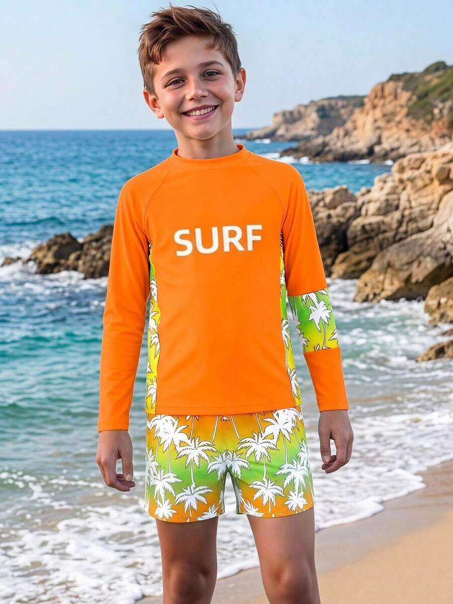 SHEIN 2pcs Tween Boys Swimwear Set,Tropical Orange Summer Funny Beach Vacation Holiday,Palm Tree Long Sleeve Rash Guard Top&Matching Printed Swim Trunks - Multicolor - View 1