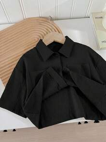 SHEIN LMoss Kids LMoss 女童編織素色寬鬆短版休閒襯衫 - 黑色 - 查看 3