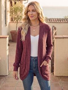 EMERY ROSE Ladies Ribbed Long Sleeve Open Placket Jacket Fall Winter Cloth For Women - Burgundy - View 3