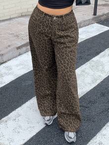 Dazy Tall Curve Jeans de mujer talla grande con cintura semi-elástica, estampado de leopardo, estilo callejero, corte holgado, para otoño y todas las estaciones, retro, marrón, para mujeres altas - Marrón - Ver 5