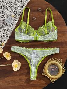 SHEIN 粉色浪漫女款鋼圈內衣內褲套裝 2件組 - 綠色 - 查看 2