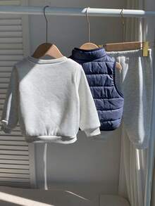 SHEIN Baby Boy Letter Pattern Knit Soft Crew Neck Long Sleeve Pullover Sweatshirt, Elastic Waist Long Autumn Pants, Sleeveless Vest 3-Piece Set - Multicolor - View 2