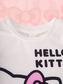 HELLO KITTY AND FRIENDS | SHEIN 女嬰圓領字母卡通印花短袖T恤與短褲休閒日常套裝 - 粉色 - 查看 5