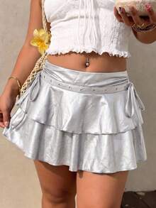 SHEIN MOD Plus Size Summer Fashion Ruffle Skirt Fall - Silver - View 8