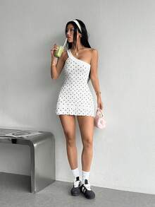 Dewbera Dewbera Women's Polka Dot One Shoulder Casual Daily Outing Sports Dress - White - View 5
