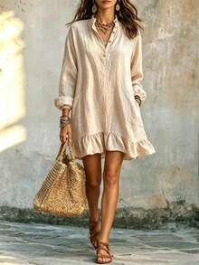 LUMIGAL Women's Casual Vacation Ruffle Hem Short Dress - Apricot - View 4