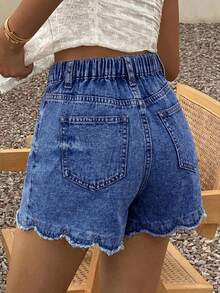 SHEIN Tween Girls' Summer Casual Denim Shorts With Shell Trim - Dark Wash - View 2