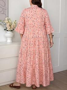 Comfylo Ditsy Floral 3/4 Sleeve Patchwork Tiered Maxi Dress Plus Size Fall - Multicolor - View 2