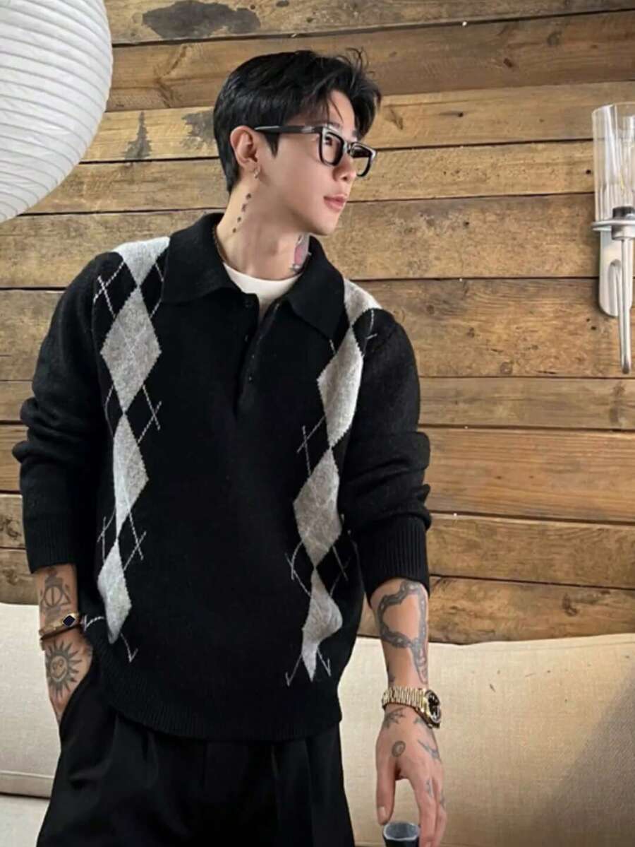 DAZY Men's Long Sleeve Black & Grey Diamond Jacquard Polo Collar Ribbed Hem Sweater, Autumn/Winter - Multicolor - View 1