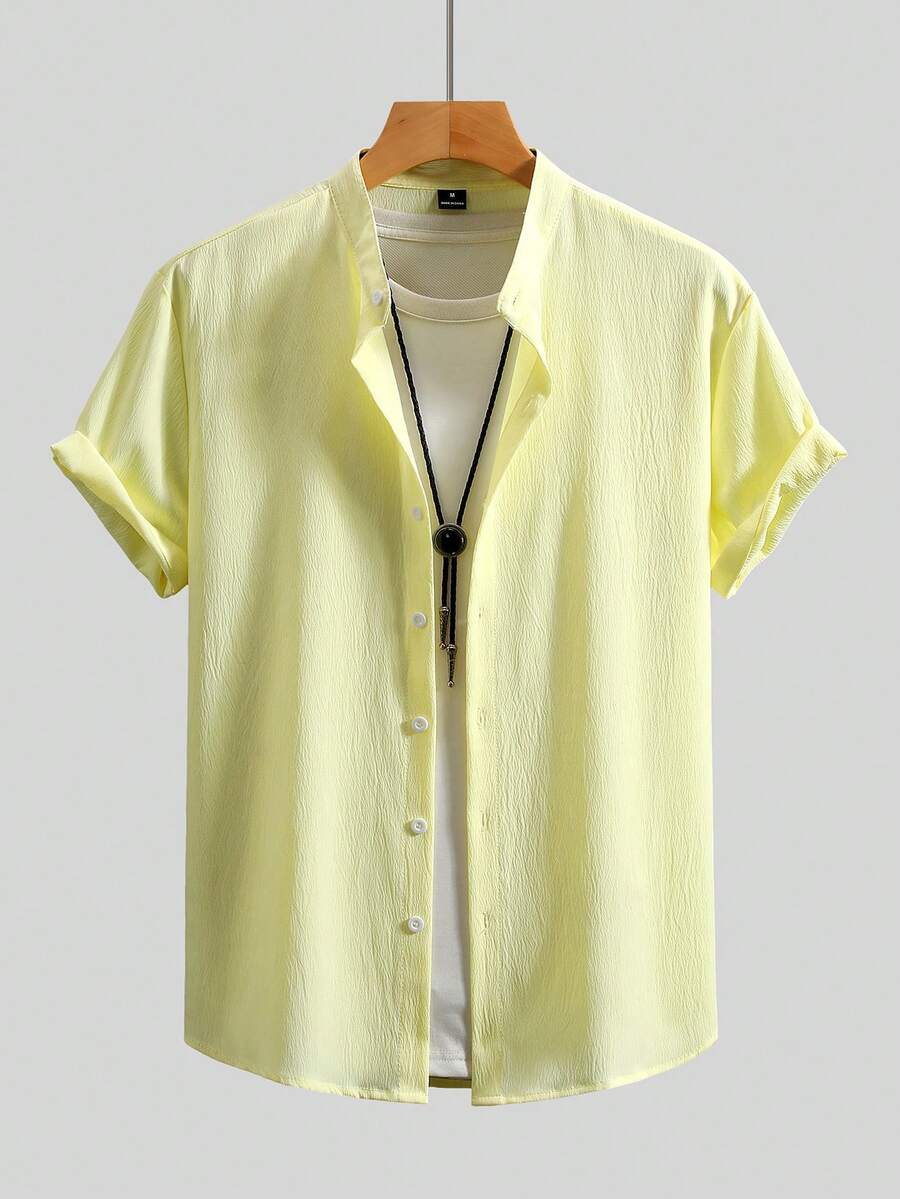 Manfinity Homme Camisa de manga corta de unicolor de un solo pecho para hombre, casual para ir al trabajo - amarillo ganso - Ver 1