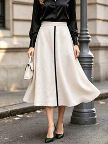 Offisola Women's Minimalist Elegant High Waist Umbrella Hem Long Skirt With Color Block Patchwork And Slanted Pockets, Suitable For Commuting And Daily Wear, Mom Style - Apricot - View 7
