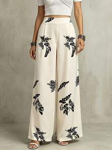 Franclia Vacation Style Floral Print High Waist Flowy Wide Leg Pants - Apricot - View 1