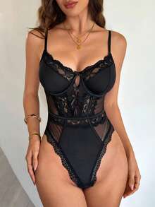Firerie 1 pieza Bodyduit transparente con adorno de encaje y malla, lencería de seda de leche de talla estándar y sexy - Negro - Ver 4