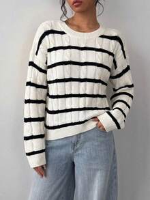 SHEIN Girlism 青少年女孩校園復古學院風黑白條紋長袖圓領秋季毛衣 - 黑與白 - 查看 2