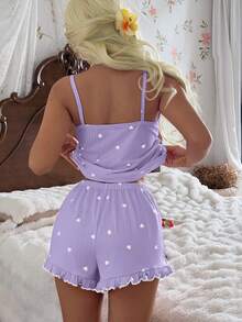 CottageSlumber Women's Ribbed Velvet Camisole & Shorts Pajama Set With Ruffle Trim, Small Bows And Romantic Heart Design - Purple - View 3