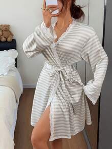 Napfluff Striped Women's Lace Patchwork Nightgown Robe - Multicolor - View 6