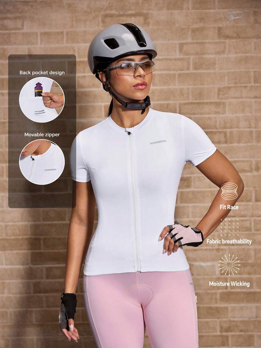 Powerista Top de Ciclismo Feminina de Manga Curta com Zíper Frontal Ajustada