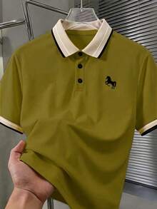 Calvornis 男士珠飾羅紋領刺繡短袖休閒 Polo 衫 - 橄欖綠 - 查看 1