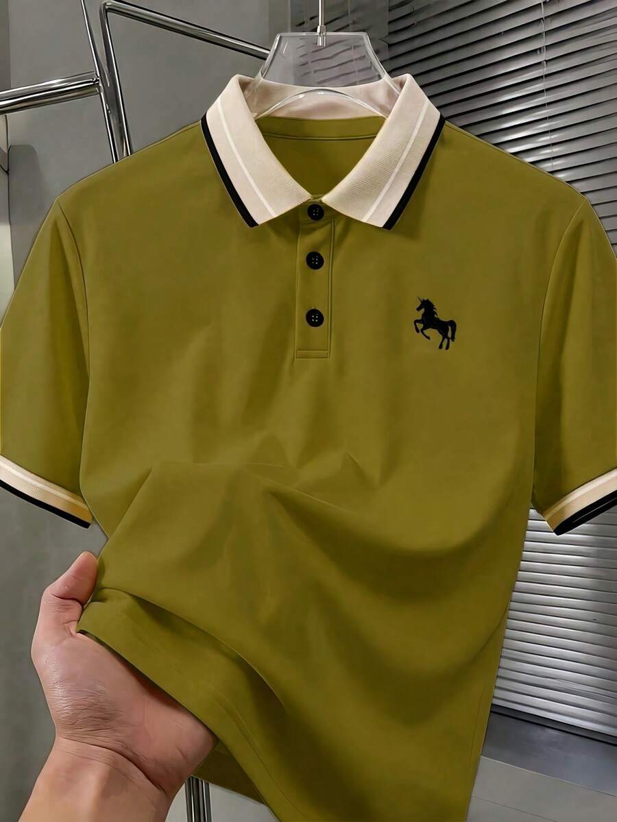 Calvornis 男士珠飾羅紋領刺繡短袖休閒 Polo 衫 - 橄欖綠 - 查看 1