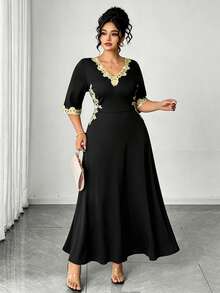 Elenzga Elegant Gold Trim V-Neck Cinched Waist Short Sleeve Plus Size Women's Dress - Black - View 9