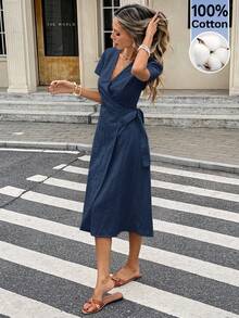 Serisse Vestido midi casual de manga corta con nudo lateral de unicolor para mujer - Azul Marino - Ver 6