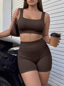 Rhythm Era Plus Size Women's Solid Color Cropped Top And High Waist Shorts Casual Daily Sports Set - Coffee Brown - View 4