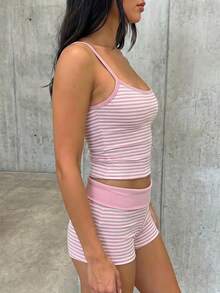 SHEIN EZwear 夏季對比色條紋細肩帶上衣與短褲套裝 - 粉色 - 查看 5