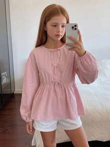 Hapijoa Tween Girls Round Neck Pullover Bow Decor Long Sleeve Autumn Waist-Cinching Blouse - Pink - View 5