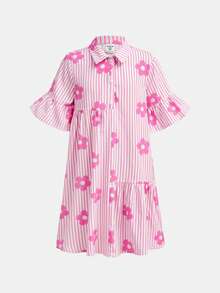Firerie Kids Tween Girls' Fashion Casual Summer Commute Collared Woven Striped Floral Patchwork Ruched A-Line Dress, Back To School & Graduation Season - Pink - View 5