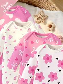 SHEIN [4件組/1套]粉色花卉愛心蝴蝶結印花嬰兒連身包屁衣，舒適面料，春夏款長袖爬行連身衣，居家服、睡衣，甜美可愛時尚極簡愛心粉色連身衣 - 彩色 - 查看 4