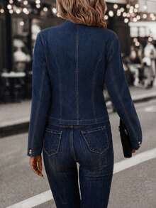 Balvessa Jaket Denim Wanita Lengan Panjang dengan Kancing Logam dan Bukaan Depan - Dark Wash - View 2