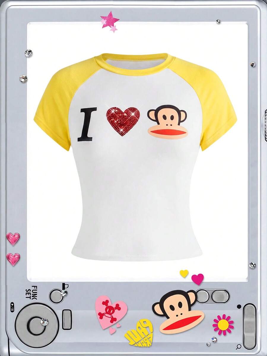 Paul Frank X ROMWE 亞文化女孩休閒聯名「I Love」印花插肩袖修身女款T恤 - 黃色 - 查看 1