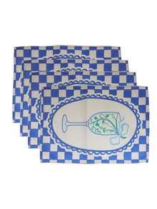 SHEIN 1 Piece, 2 Pieces, 4 Pieces, 6 Pieces, French Pastoral Blue And White Checkerboard Placemat, Linen Fabric Goblet Printed Thermal Insulation Mat, Restaurant Western Food Decorative Table Mat - Blue - View 12