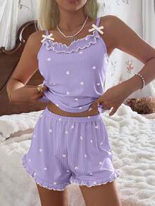 CottageSlumber Women's Ribbed Velvet Camisole & Shorts Pajama Set With Ruffle Trim, Small Bows And Romantic Heart Design - Purple - View 4