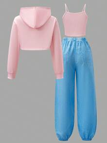 SHEIN ChillGRL 青少年女孩3件套針織字母印花衛衣、細肩帶背心上衣與工裝長褲，個性化K-Pop可愛粉色細肩帶套裝 - 藍色 - 查看 6