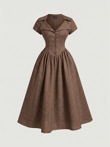 SHEIN MOD Plus Size Women's Solid Color Button Fitted Elegant 1950s Vintage 1920s Mid-Length Dress, Vintage Court Style, Old Money Vibe, Formal, Chocolate Brown - Khaki - View 5