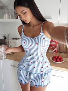Softscene 女款條紋愛心印花細肩帶背心與短褲睡衣套裝 - 彩色 - 查看 5