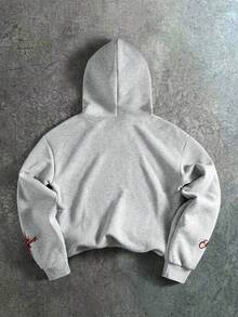 PAVTROS 男士字母刺繡長袖口袋休閒連帽衫 - 灰色 - 查看 2