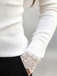 SHEIN LUNE Women's Fashion Lace Patchwork Long Sleeve French Style Sweater For Daily Wear - White - View 5