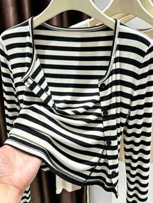 Franclia Black And White Striped Long Sleeve Cardigan Regular Fit Jacket T-Shirt For Women, Autumn And Spring Wear, Commute Outfit Office Casual - Black and White - View 2
