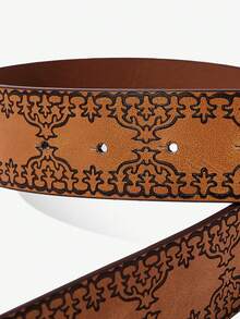 Maija Cinturón ancho con hebilla dorada en forma de C con textura en relieve vintage, hebilla ovalada asimétrica versátil para uso diario y de oficina - Marrón - Ver 3