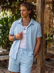Alderstead Plus Size Men's Blue Solid Short Sleeve Single-Breasted Shirt And Shorts Set,Summer Casual Beach Outfit For Holiday Vacation - Blue - View 1