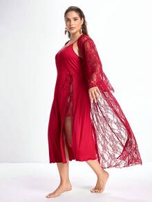 Slumbrini Elegant Lace Sheer Robe & Slit Cami Nightgown Plus Size Sleepwear Set For Women - Red - View 6