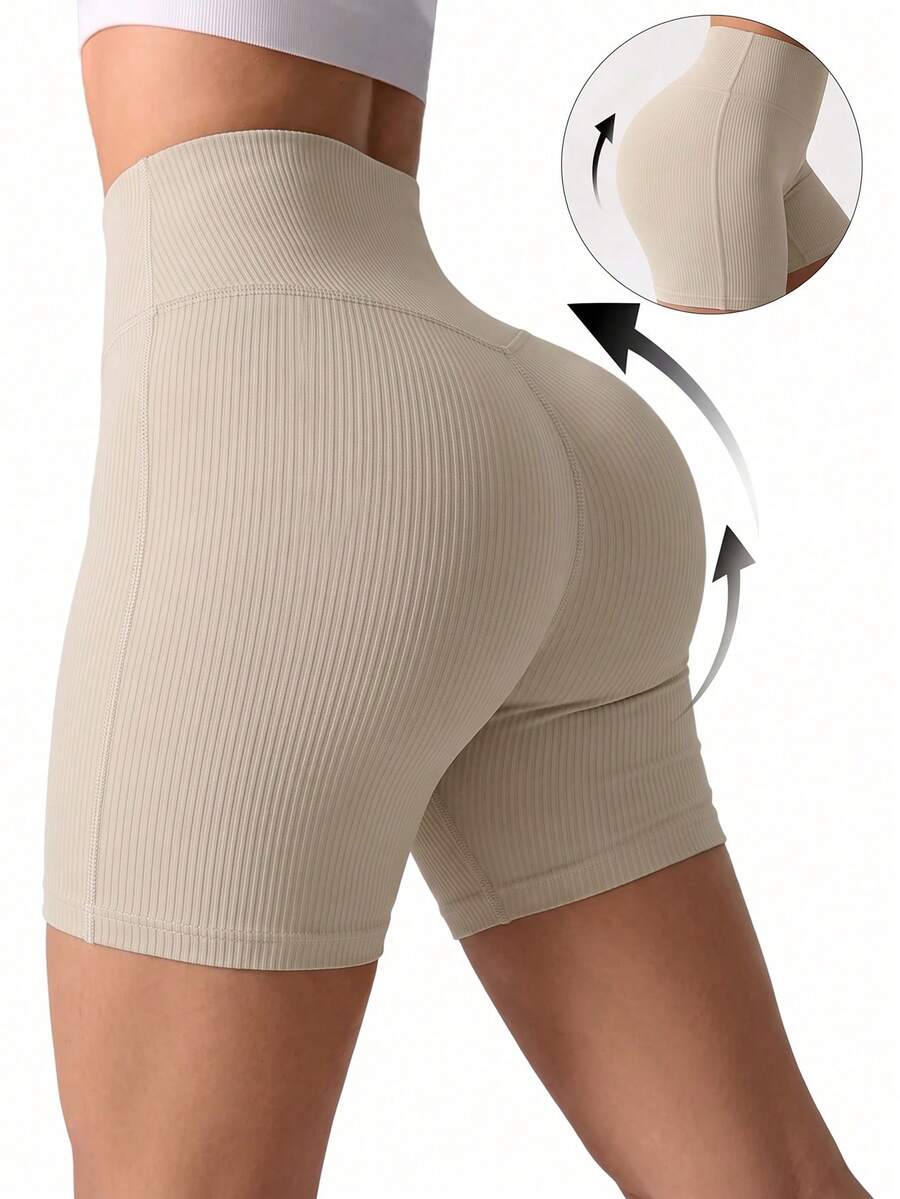 Core Rhythm New Summer Women's Solid Color Matte High Waist Seamless 3/4 Length Sports Shorts, High Elasticity Skin-Friendly Tummy Control Non-Rolling Yoga Cycling Workout Shorts - Beige - View 1