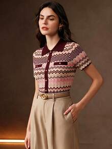 Anewsta Women's Chic Retro Style Multi-Color Patchwork Exquisite Button Short Sleeve Work Knit Top Summer - Multicolor - View 3