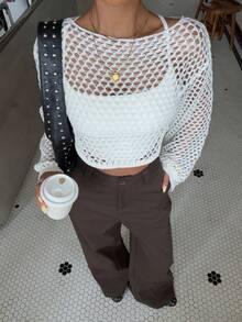 Muchica Casual Crochet Casual Knit Sweater White - White - View 3