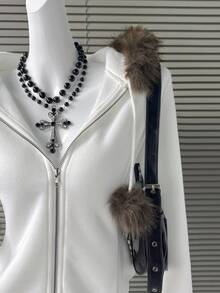 Franclia Solid Color Faux Fur Patchwork Hooded Zip-Up Long Sleeve Jacket - White - View 8
