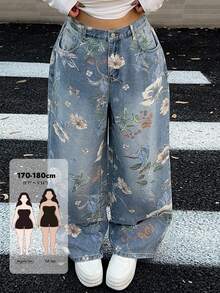 Dazy Tall Curve Floral All-Over Print Fashion Design Straight Leg Long Plus Size Women's Jeans Tall All-Season Pants Fall Vacation Wedding Guest Boho Casual - Medium Wash - View 1