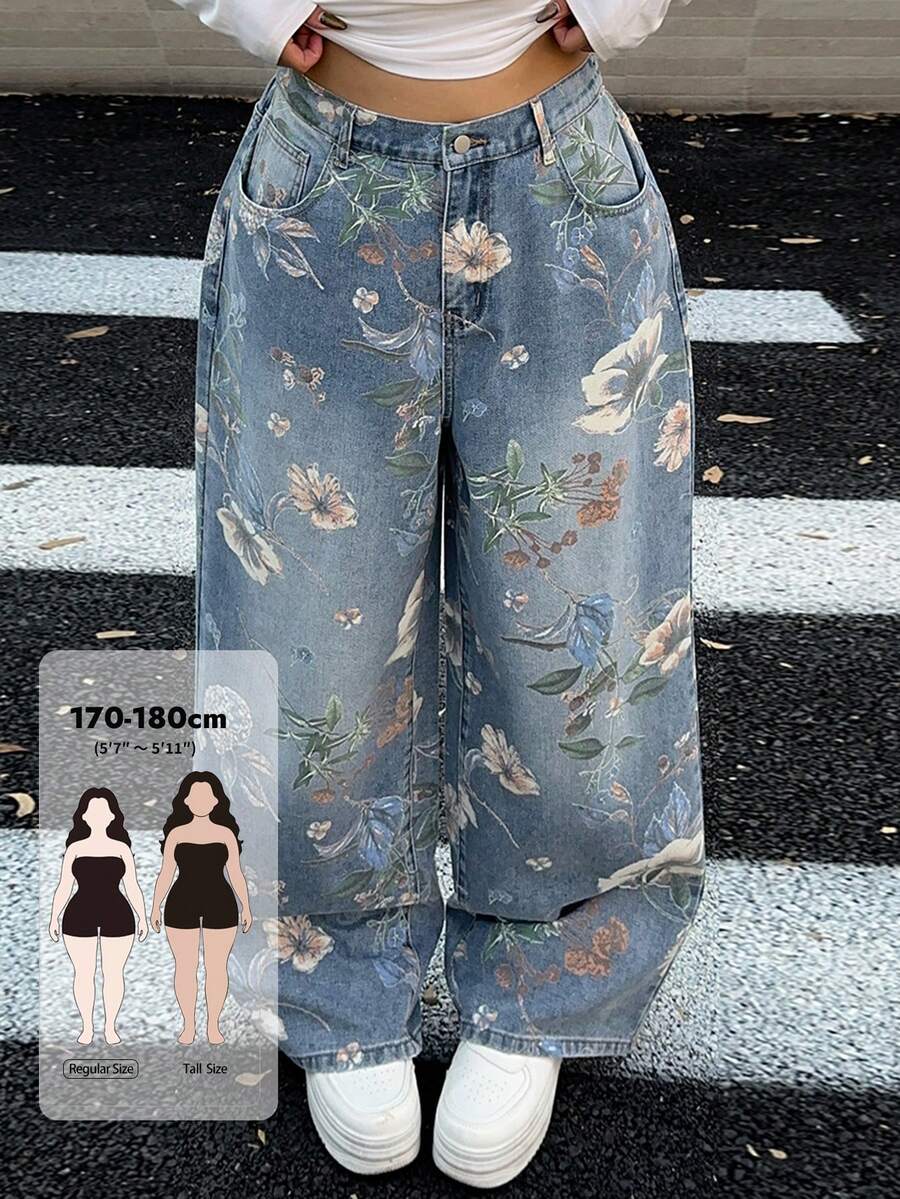 Dazy Tall Curve Floral All-Over Print Fashion Design Straight Leg Long Plus Size Women's Jeans Tall All-Season Pants Fall Vacation Wedding Guest Boho Casual - Medium Wash - View 1