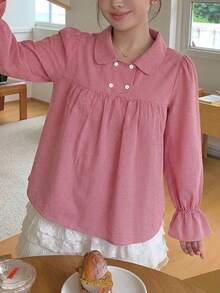 Dazy Plus 韓系時尚波點滿版印花短袖 Polo 衫，黑色大尺碼女款春夏季 T-shirt 可愛上衣 - 紅色 - 查看 3